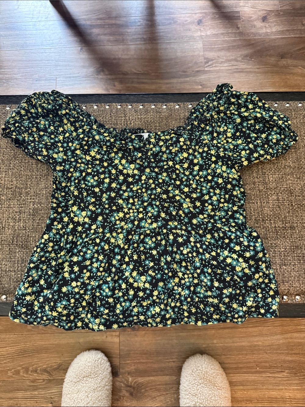 Old Navy Black Floral Puff-Sleeve Peplum Top with Yellow & Teal Flowers